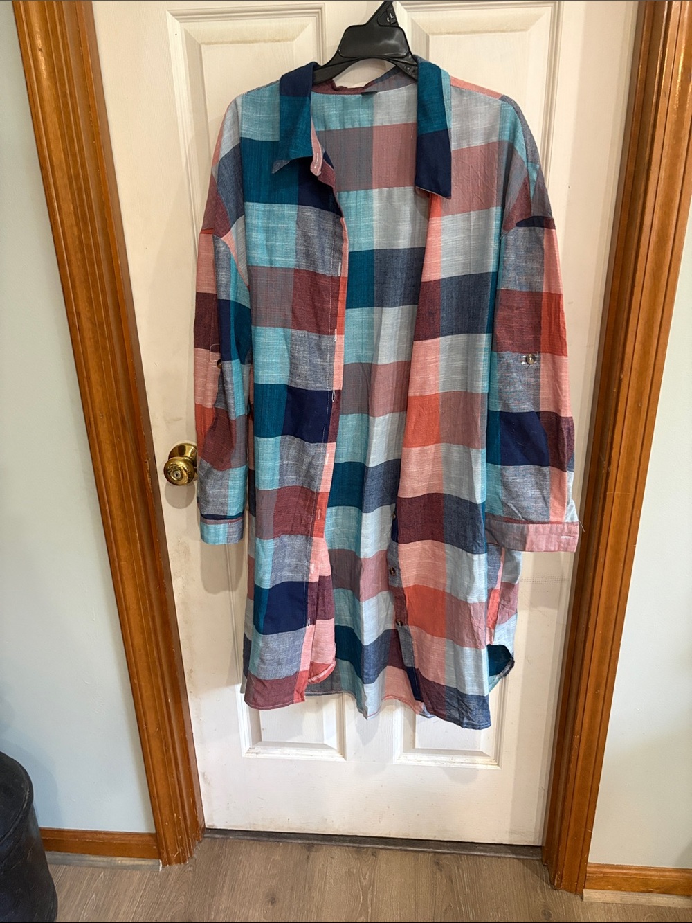 SHEIN Multi-Check Longline Lightweight Shirt Jacket - Blue Pink Teal